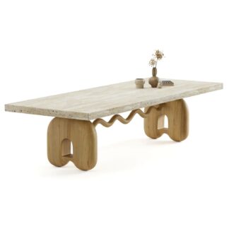 Atlas Dining Table with Travertine Top and Oak finish leg